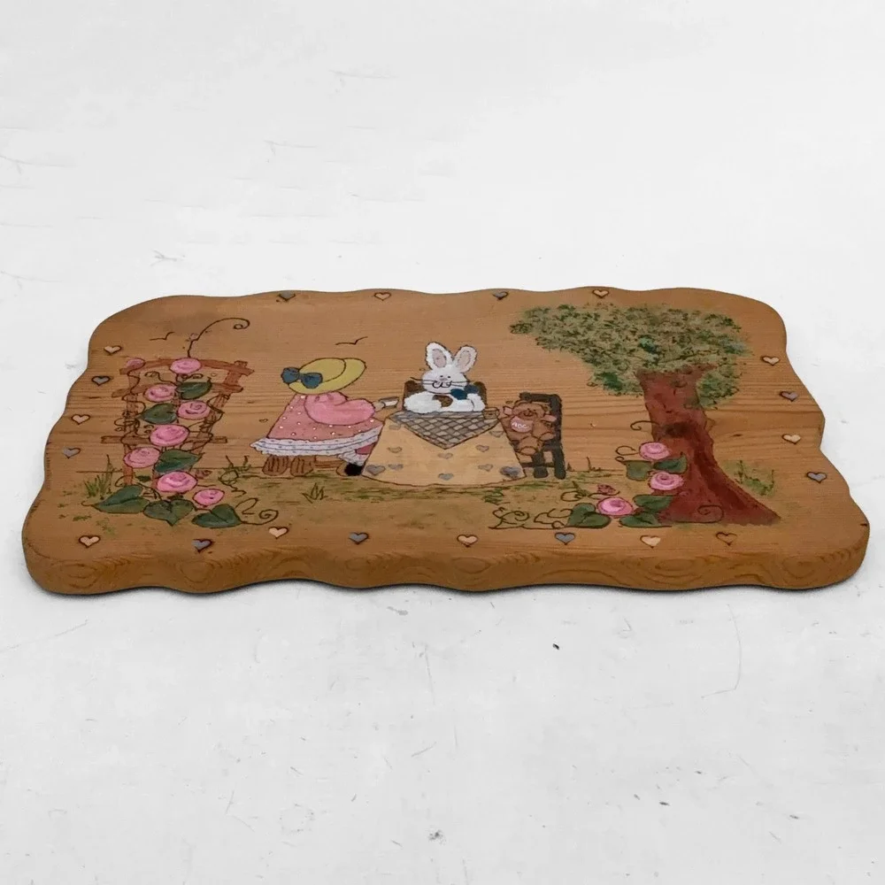 VTG 80s Hand Painted Wood Plaque Garden Tea Party Bunny Easter Scalloped Edge